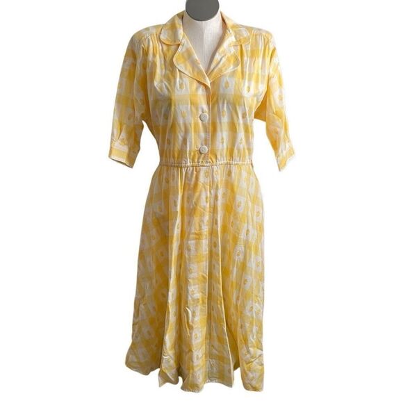 Vtg Jerrell of Texas Womens Midi Dress 9/10 Retro Yellow Checkered Nostalgia - Picture 1 of 10